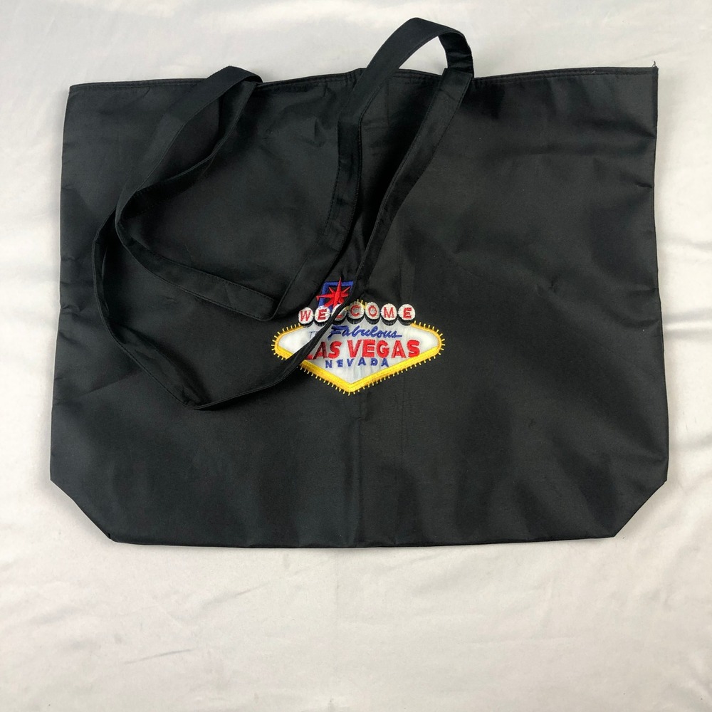 Las Vegas Souvenir Tote Bag Black Embroidered Sign Zippered Travel Shopper Large